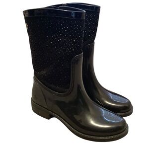 Posh Wellies Black Rhinestone Rain Boots Mid-Calf Glossy Zip Size 41